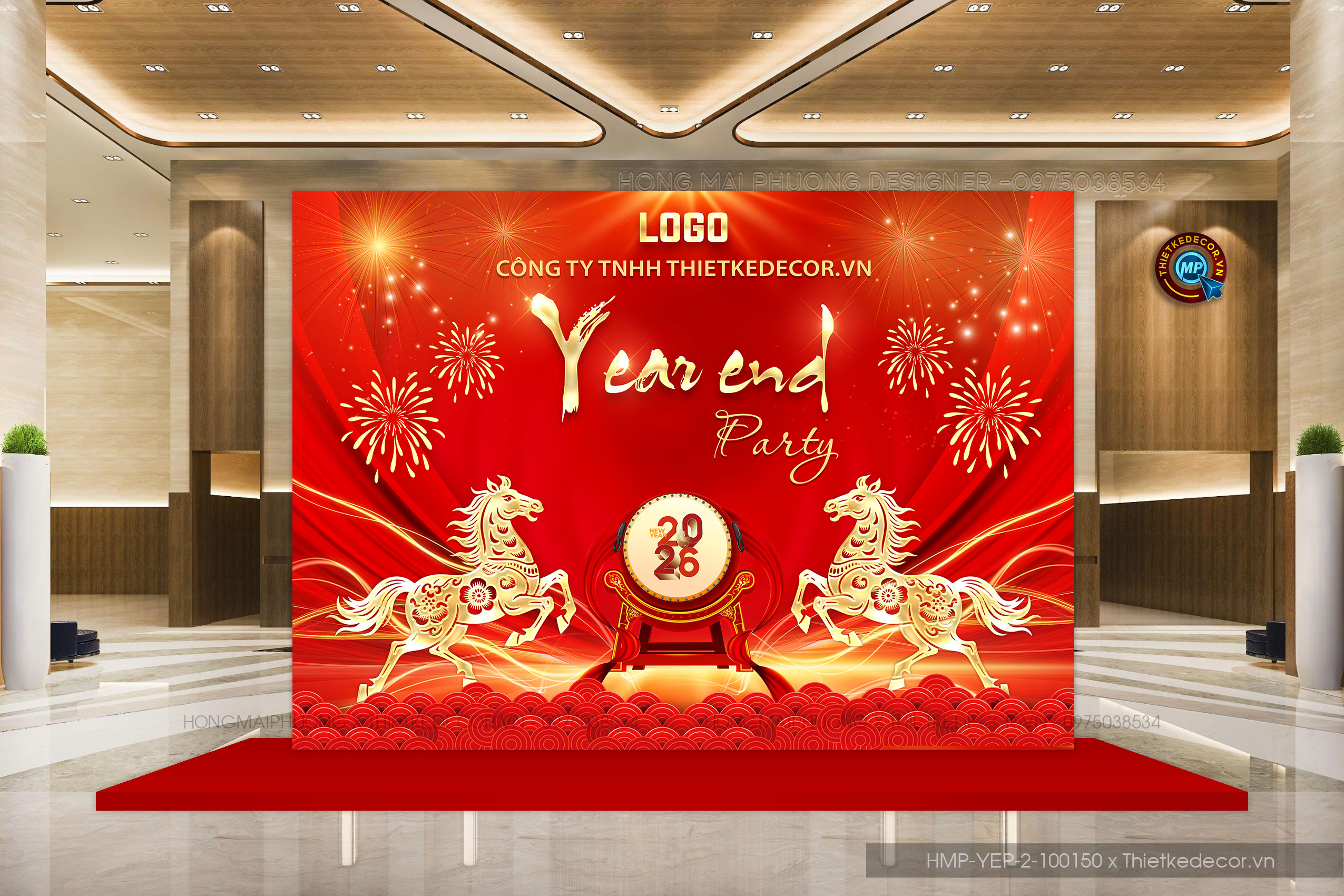 File thiết kế tiệc Tất niên 2025, Year End Party 2025 tone đỏ trang trí bong bóng căng bạt sang trọng cho công ty.